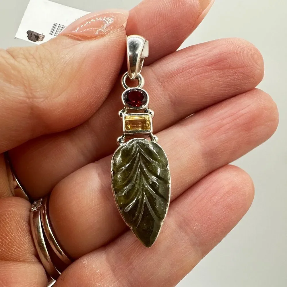 NWT Carved Vesuvianite leaf, faceted garnet/ citrine pendant in sterling silver!